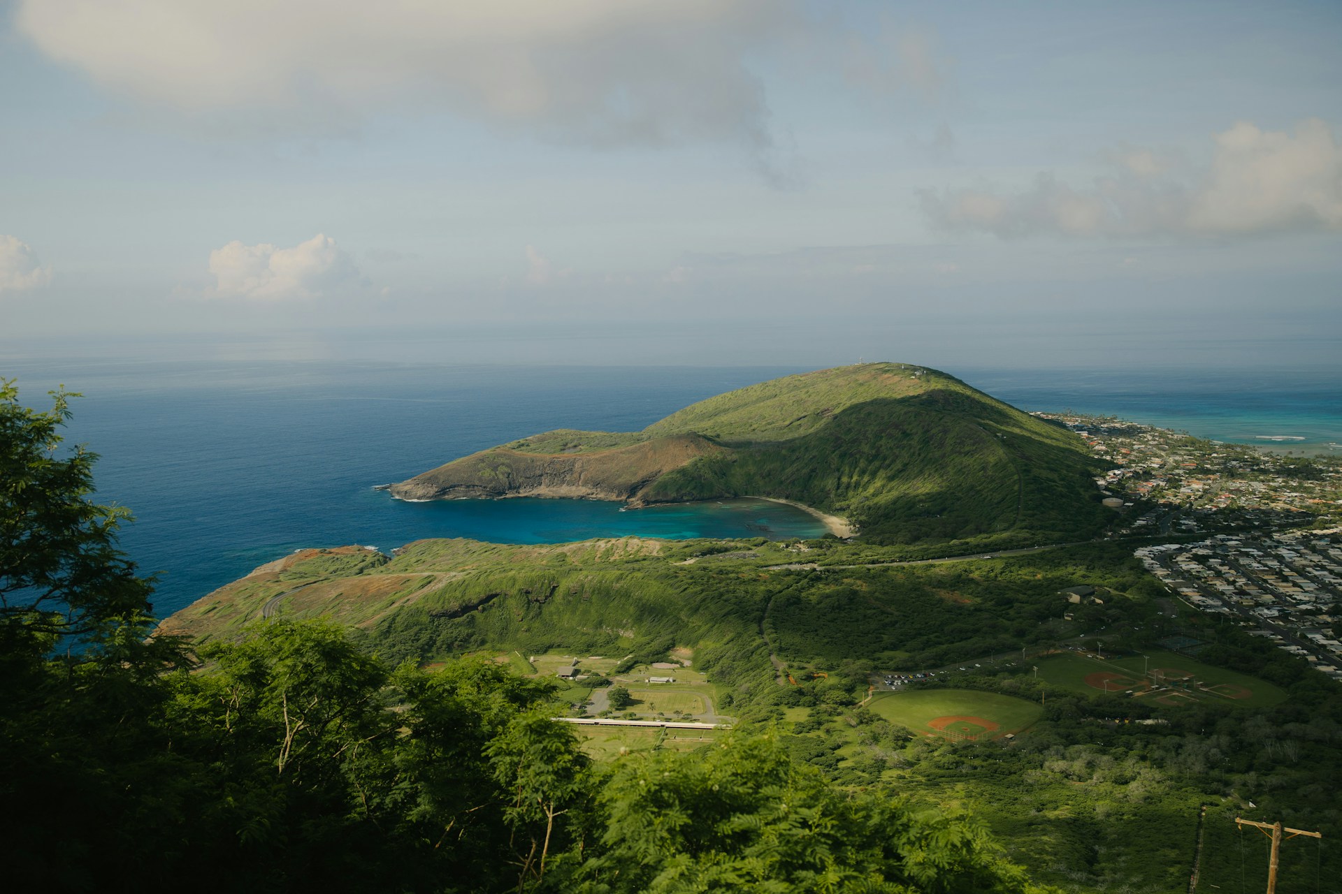 Hanauma bay from above. views of the blue ocean and koko head