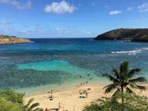 Birds eye view of swimmers at Hanauma Bay, Hawaii Kai. Blue water, reef and showing the bay opening up to the deep blue ocean