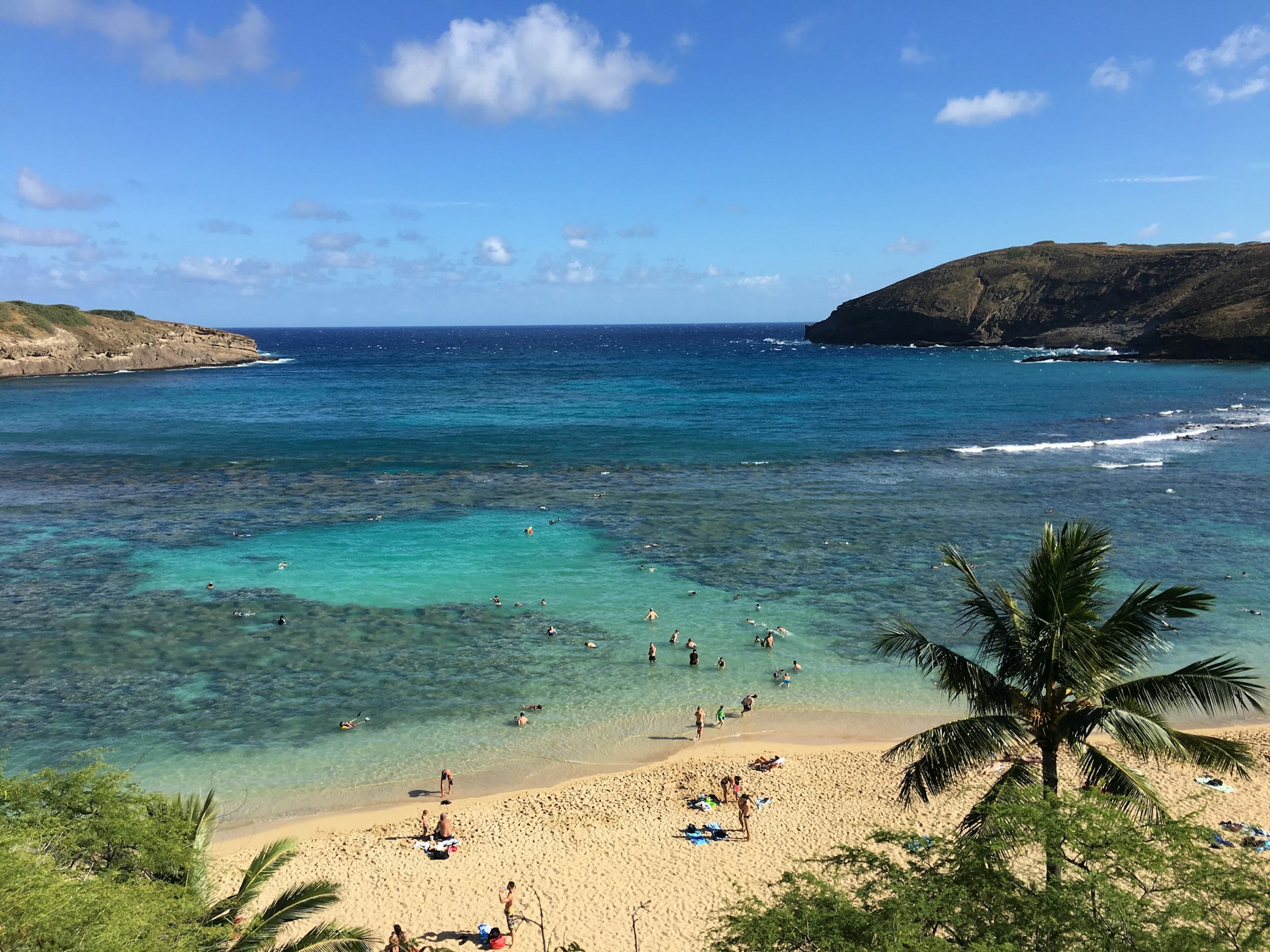Birds eye view of swimmers at Hanauma Bay, Hawaii Kai. Blue water, reef and showing the bay opening up to the deep blue ocean